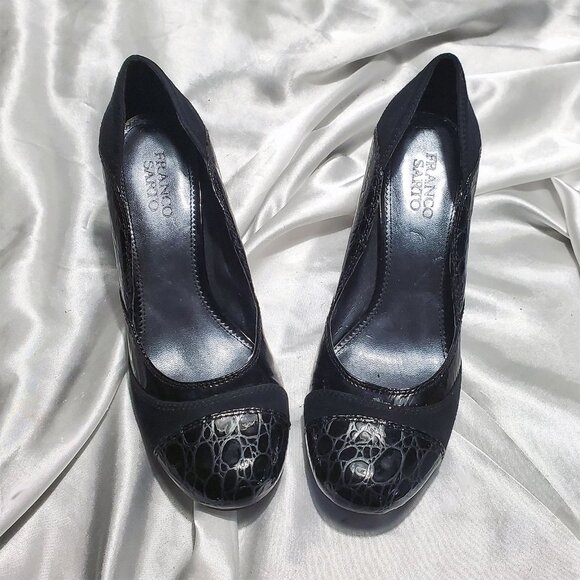 FRANCO SARTO black suede patent croc thick high heel classy pumps SZ 8 - Picture 2 of 5